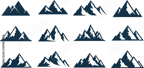 Twelve dark blue mountain range silhouette vector icons set