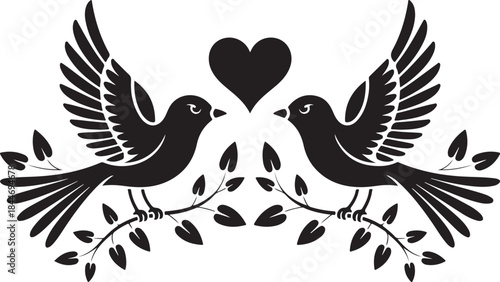 Silhouette of couple shrike birds sit at tree branch with heart shaped leaves. Abstract simple bird illustration, black silhouette. Laser cut template, wall decor