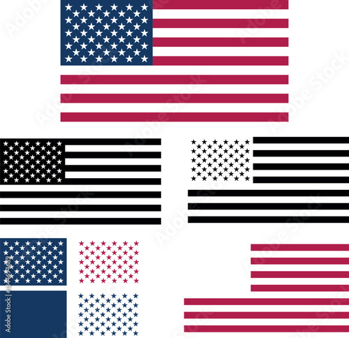 American Flag Vector Bundle in Color and Black White, USA Patriotic Stars and Stripes Set