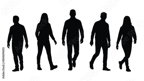A collection of five distinct human figures presented in a striking black silhouette