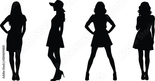 Four stylish female silhouettes posing in different fashionable outfits