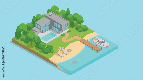 Summer luxury villa with pool, beach, dock, and boat - isometric view
