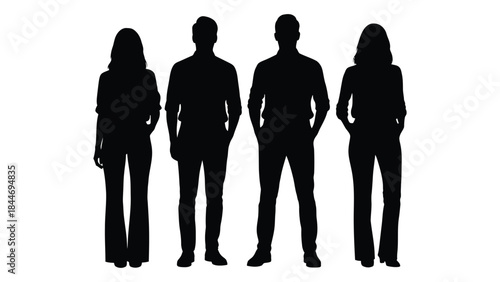 Four people standing together in a row dark figures against a white background silhouette