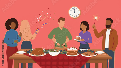 Diverse friends celebrating a festive holiday dinner with food and party elements