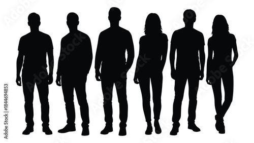 A group of six people standing together showcasing a striking black silhouette
