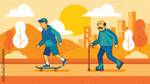 Generational active lifestyle illustration with skateboarding youth and rollerblading senior