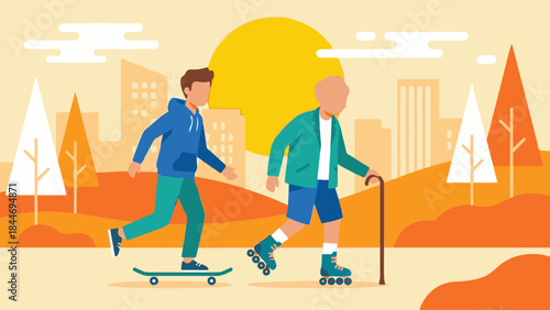 Young man skateboarding, senior man roller skating in urban park