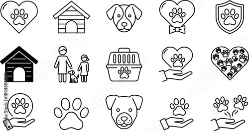 Set of pet care and dog adoption outline icons, featuring paw prints in hearts, dog house, pet carrier, and human interaction, ideal for veterinary services and animal shelter vector.