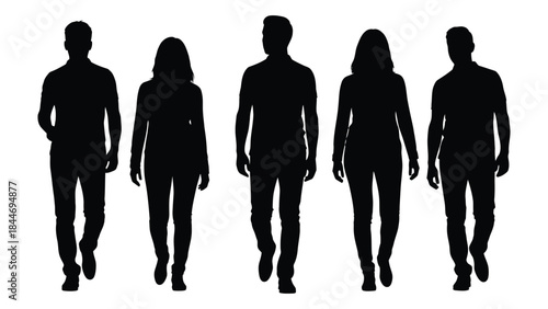 Five individuals walking forward presented as dark shapes a striking visual silhouette