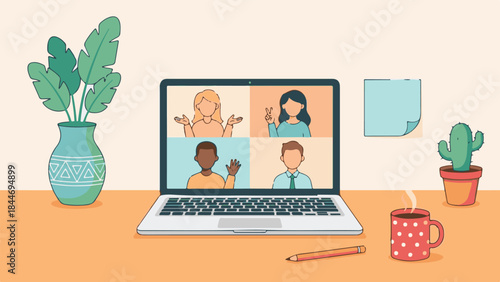 Online Video Conference with Diverse Team on Laptop for Remote Work