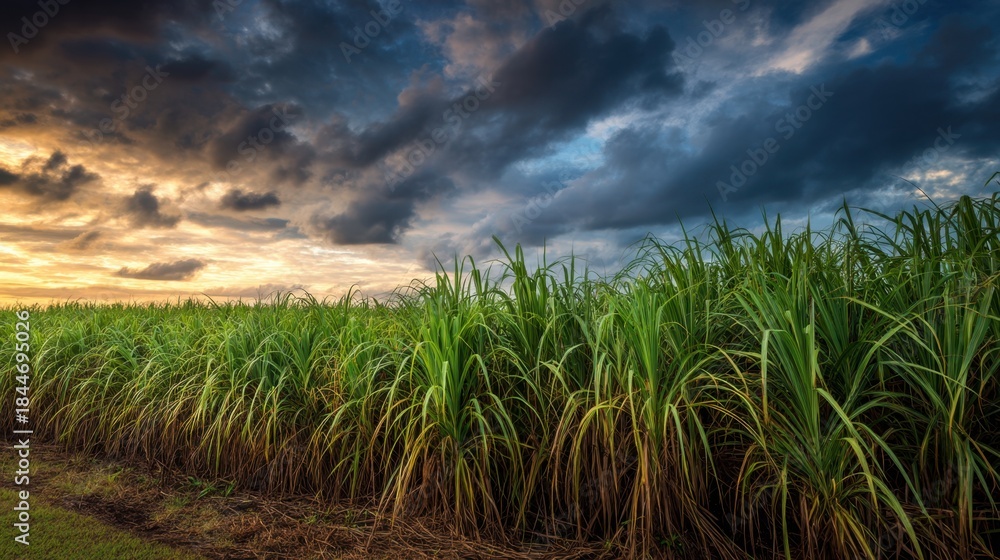 Fototapeta premium Tall sugarcane plants stretch across the field under a sky filled with dark clouds and bright sunset colors. The scene captures nature's beauty during the evening.