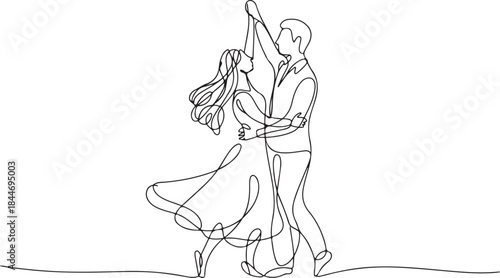 Single one line drawing happy cute married man and woman dancing on the floor at party park. Romantic young wedding couple holding hands and spinning around