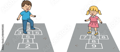 Two happy children, a boy and a girl, playing the classic hopscotch game on an outdoor playground, actively jumping on the numbered squares, demonstrating fun childhood recreation and motor skills.