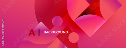 Abstract pink background features overlapping circles, squares. Text reads AI BACKGROUND in white, red colors. Modern design elements present.