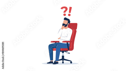 Thoughtful man in office chair with question and exclamation marks