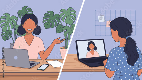 Two women having a video call, working remotely from home.
