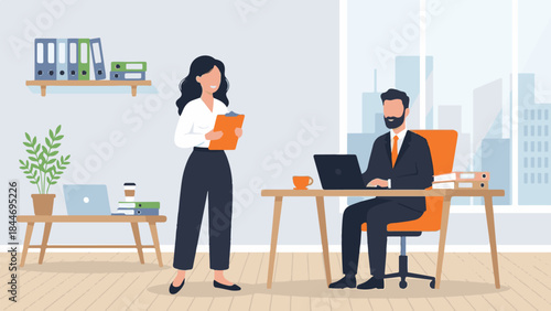 Business professionals collaborating and working in a modern office