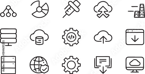 Collection of modern technology and data icons including cloud computing networking and software development symbols perfect for web and mobile apps or IT solutions