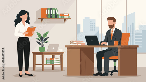 Office teamwork: Man working on laptop, woman with clipboard in modern workspace