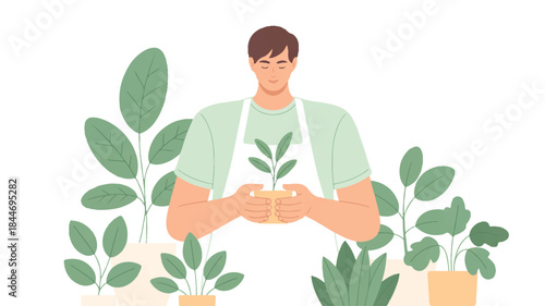 Gardener holding a small plant surrounded by potted plants