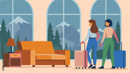 Flat design illustration of travelers with luggage at a mountain resort.