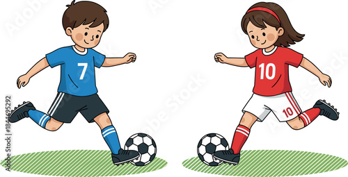 a boy and a girl, playing soccer together, dribbling the ball with their feet on a green sports field, wearing blue and red team jerseys, celebrating youth sports and healthy active lifestyle.