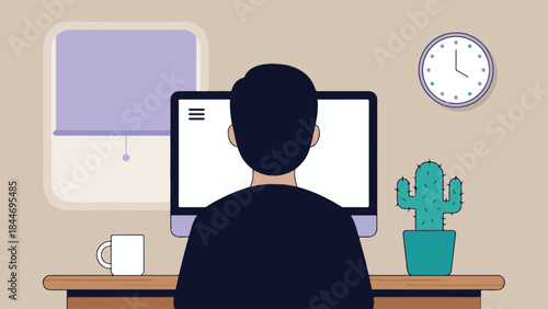 Minimalist illustration of a person working on a computer at a home office desk