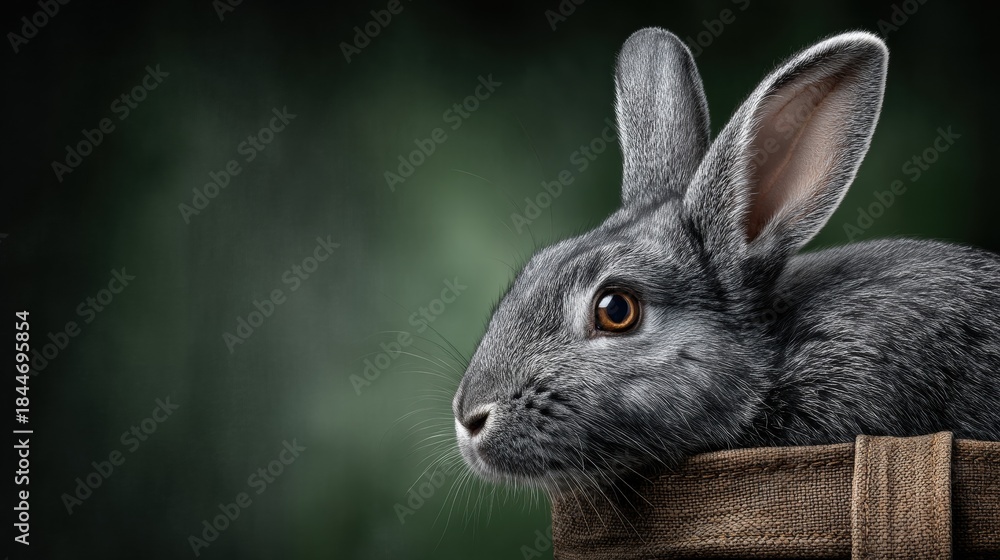Naklejka premium Gray rabbit in a wooden crate