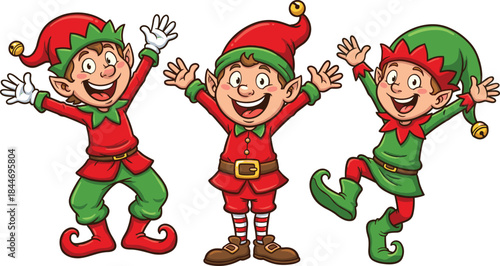 Cute Christmas elf cartoon characters set, joyful holiday helpers smiling and dancing, festive winter celebration illustration, playful kids friendly vector