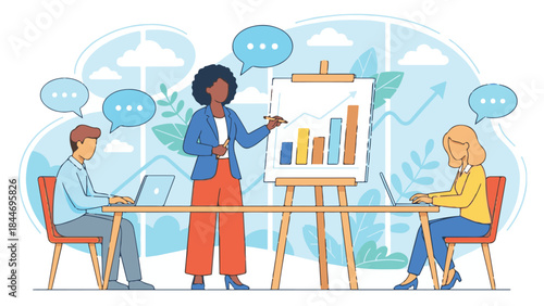 Business team analyzing growth data during a presentation with laptops