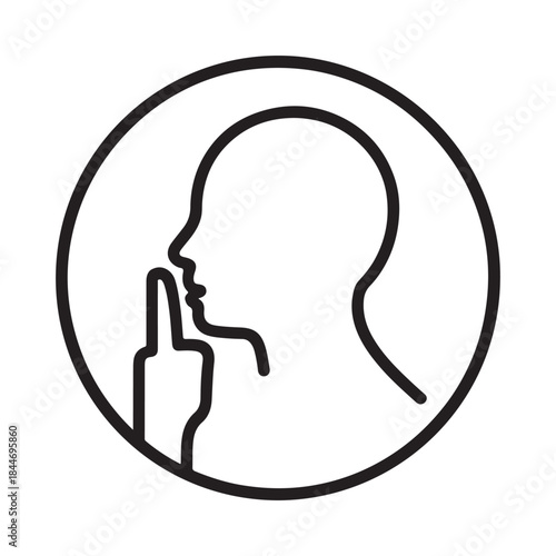 A minimalist black and white line drawing depicts a human head in profile with a finger raised to the lips signifying silence or secrecy