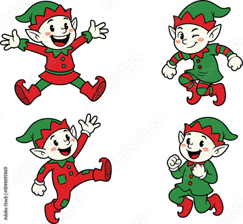 Cute Christmas elf cartoon characters set, joyful holiday helpers illustration, playful festive poses, winter celebration design, kids friendly vector