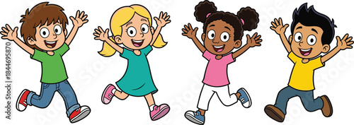 Happy diverse kids jumping cartoon illustration, joyful children group celebrating together, playful energy concept, inclusive friendship design, colorful vector