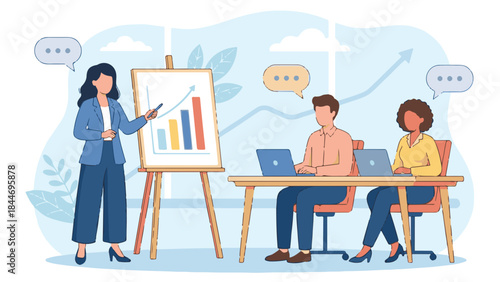 Business presentation with a speaker and attendees analyzing data for growth