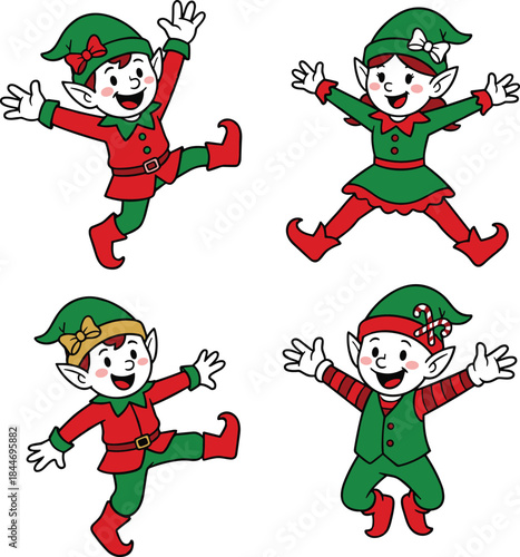 Cute Christmas elf cartoon set, joyful holiday helper characters, playful festive poses, winter celebration illustration, kids friendly vector