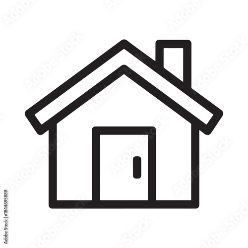 A simple black and white line drawing depicts a classic house shape with a pointed roof and a rectangular door symbolizing home