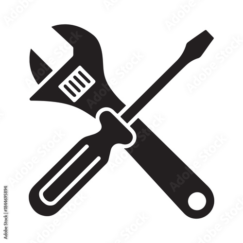 a simple black and white illustration depicts a crossed adjustable wrench and a flathead screwdriver symbolizing repair and maintenance tasks