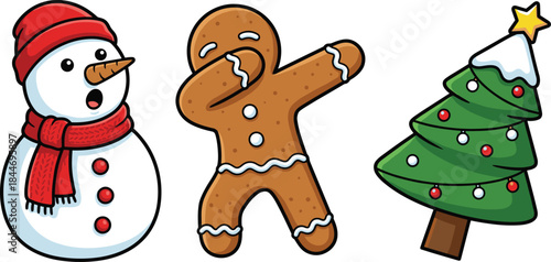 Cute Christmas icons set, snowman gingerbread man and decorated tree illustration, festive holiday elements collection, playful winter cartoon vector
