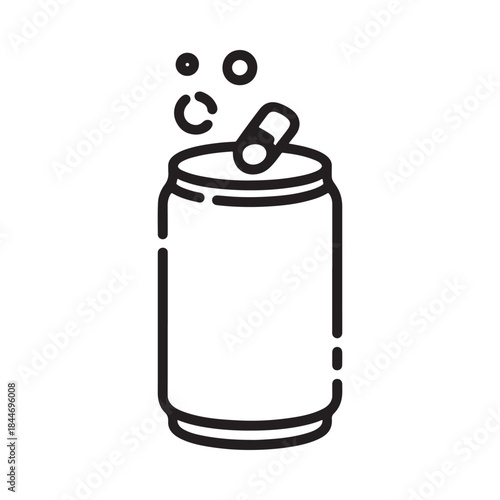 a simple line drawing depicts an opened soda can with bubbles rising suggesting refreshment and a fizzy beverage experience