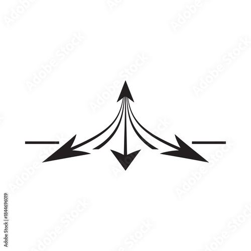 a simple graphic illustration showing a central upward pointing arrow with four diverging arrows emanating from its base on a white background