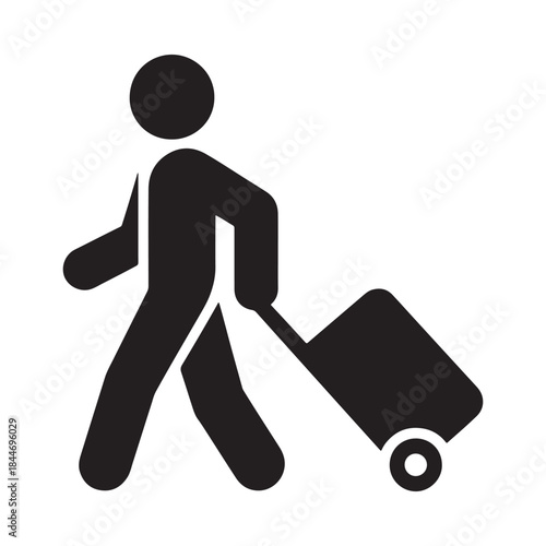 A simple black silhouette depicts a person actively pulling a rolling suitcase suggesting travel or commuting in a minimalistic style