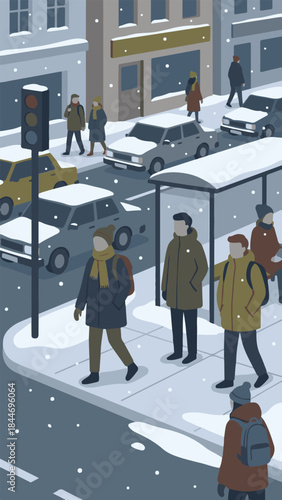 People commuting and walking on a snowy city street in winter