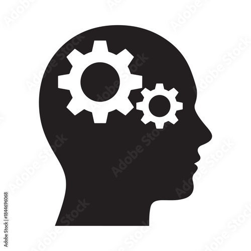 A black silhouette of a human head in profile with gears inside representing thought intelligence and the mechanics of the mind