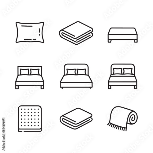 A collection of simple linear icons depicting various bedding elements including beds pillows blankets and mattresses for interior design concepts