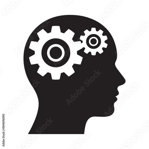 A silhouette of a human head is depicted with internal gears symbolizing thought processes intelligence and the mechanics of the mind