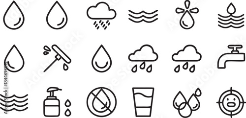 Diverse set of water rain and hygiene outline icons ideal for modern web and mobile app interfaces environmental campaigns and cleaning product branding