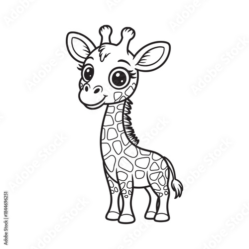 a charming black and white illustration depicts a cute baby giraffe with large expressive eyes and a playful demeanor