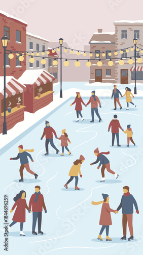 Winter town scene with people ice skating on a festive outdoor rink