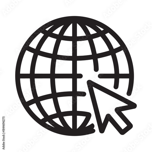 A simple black and white line drawing depicts a globe with grid lines being selected by a computer mouse cursor