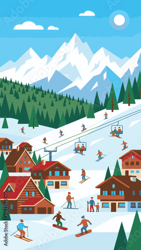Winter ski resort illustration with skiers, snowboarders, and alpine chalets